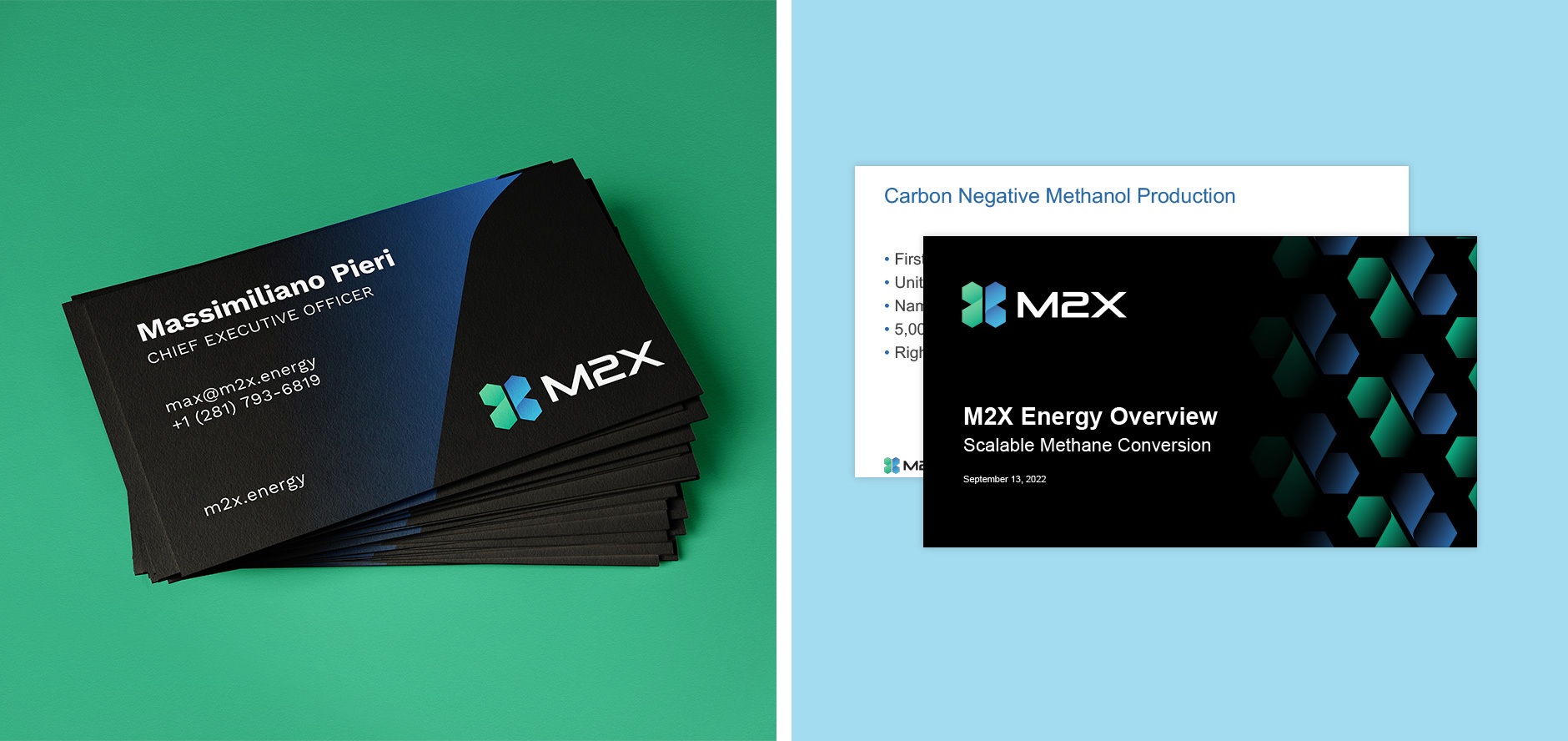 Business cards and Powerpoint template using M2X Energy's new brand